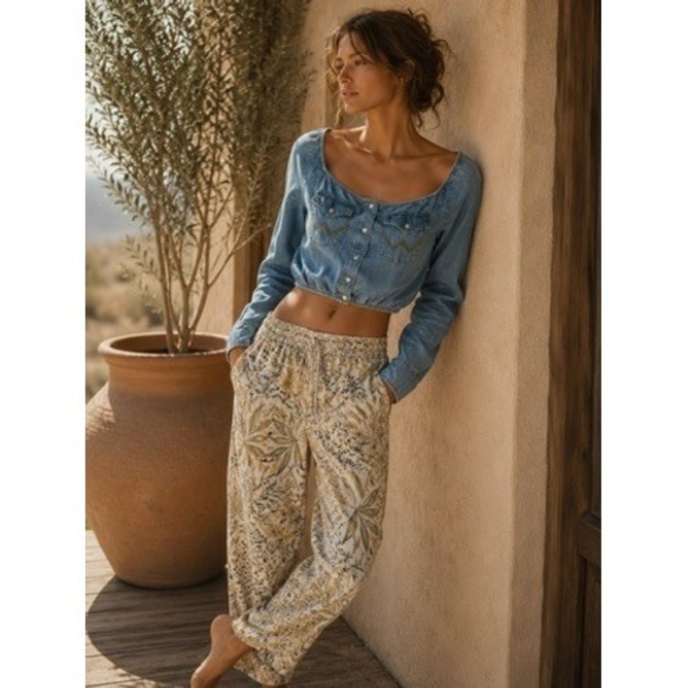 Wrangler Retro Womens Medium Blue Denim Cropped Western Snap Top LW3004B